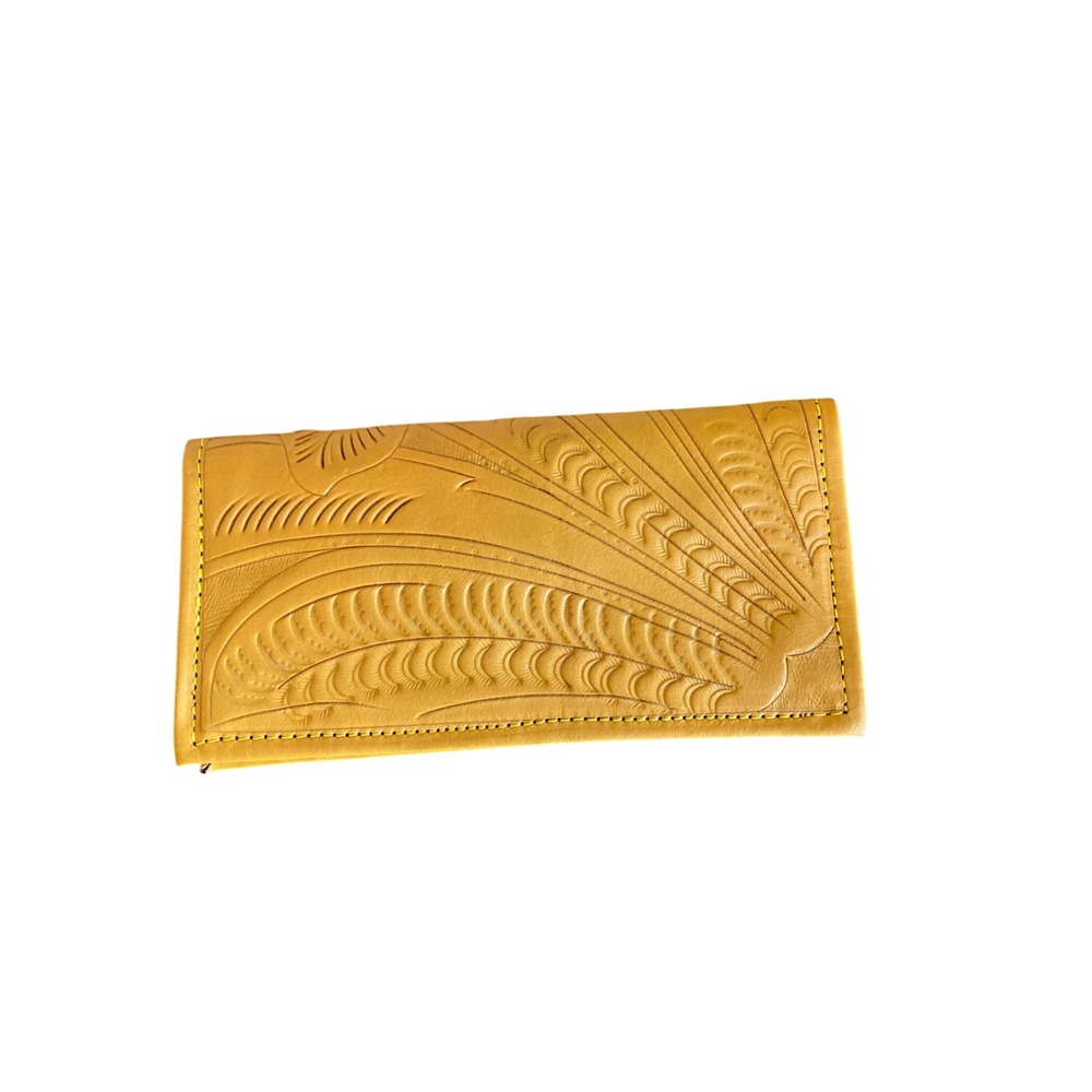Leaders in Leather Mustard Yellow Hand Tooled Floral Leather Bifold Wallet NEW
